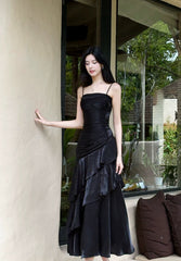 Classy Mermaid Spaghetti Strap Black Ruffles Satin For Women Girls Teens Prom Dresses N2182