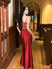 Classy Mermaid Spaghetti Strap Red Satin Long For Women Girls Teens Prom Dresses N2213