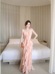 Simple Mermaid V Neck Pink Chiffon Summer Formal For Women Girls Teens Prom Dresses N2214