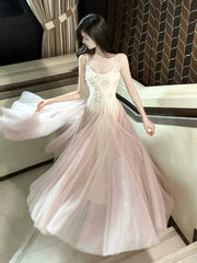 Classy A Line Spaghetti Strap Pink Tulle Long For Women Girls Teens Prom Dresses N2219
