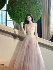 Classy A Line Spaghetti Strap Pink Tulle Long For Women Girls Teens Prom Dresses N2219