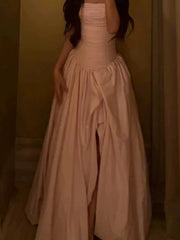 Simple Prom Dresses Ball Gown Strapless Pink Satin Sleeveless Women Formal Dress N3180