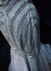 Trendy Prom Dresses Inspiration Mermaid Scoop Grey Blue Gala Tulle With Beading Formal Gowns N3195