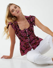 Button Front Floral Peplum Top