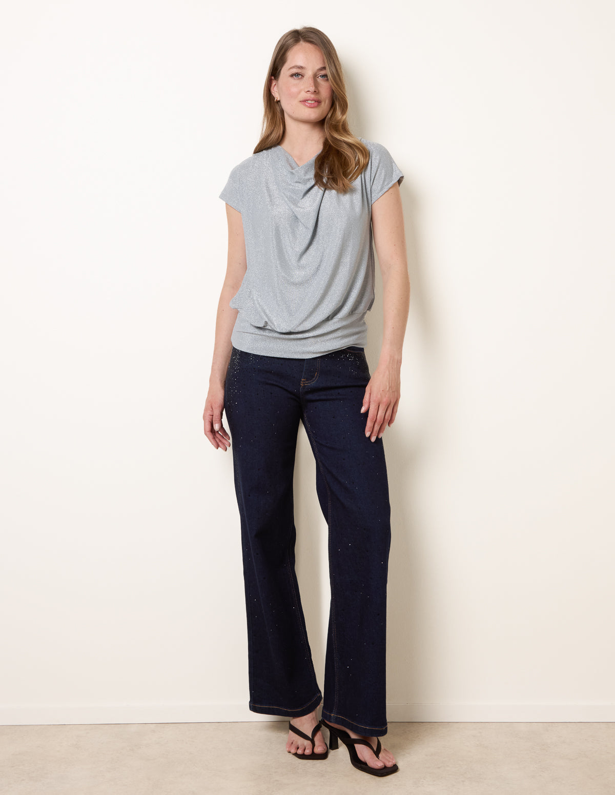 Metallic Cowl Neck Draped Top