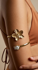 Opulent Flower Pearl Arm Cuff Bracelet - Gold