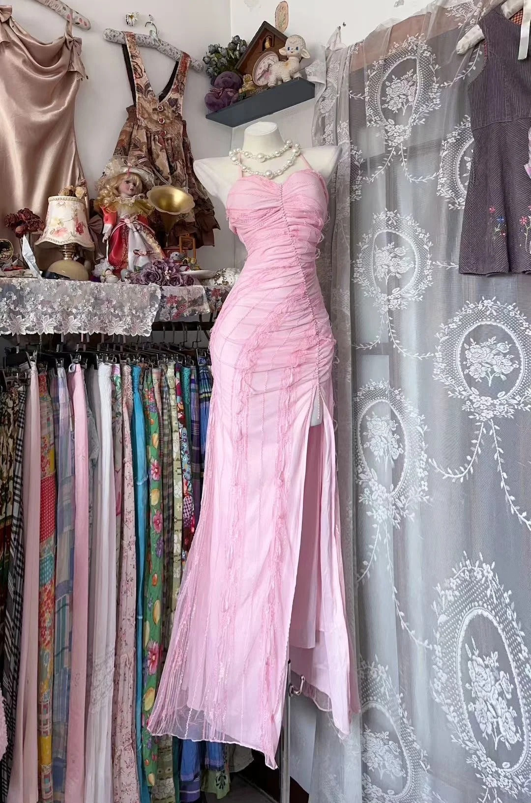Vintage Mermaid Halter Pink With Slit 80s Sleeveless Long Party Gowns Prom Dresses N1949