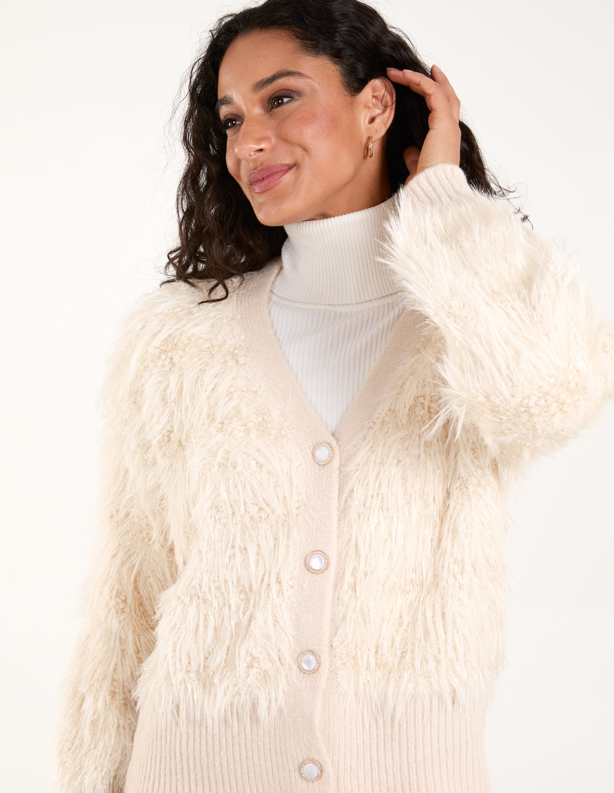 Fluffy Pearl Button Cardigan