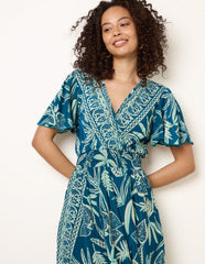 Wrap Over Angel Sleeve Shirred Maxi Dress