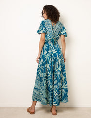 Wrap Over Angel Sleeve Shirred Maxi Dress
