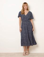 Angel Sleeve Shirred Waist Tier Hem Midi Dress