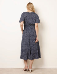 Angel Sleeve Shirred Waist Tier Hem Midi Dress