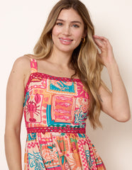 Ric Rac Trim Postcard Print Dress