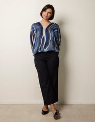 Swirl And Dot Print V Neck Metallic Blouse