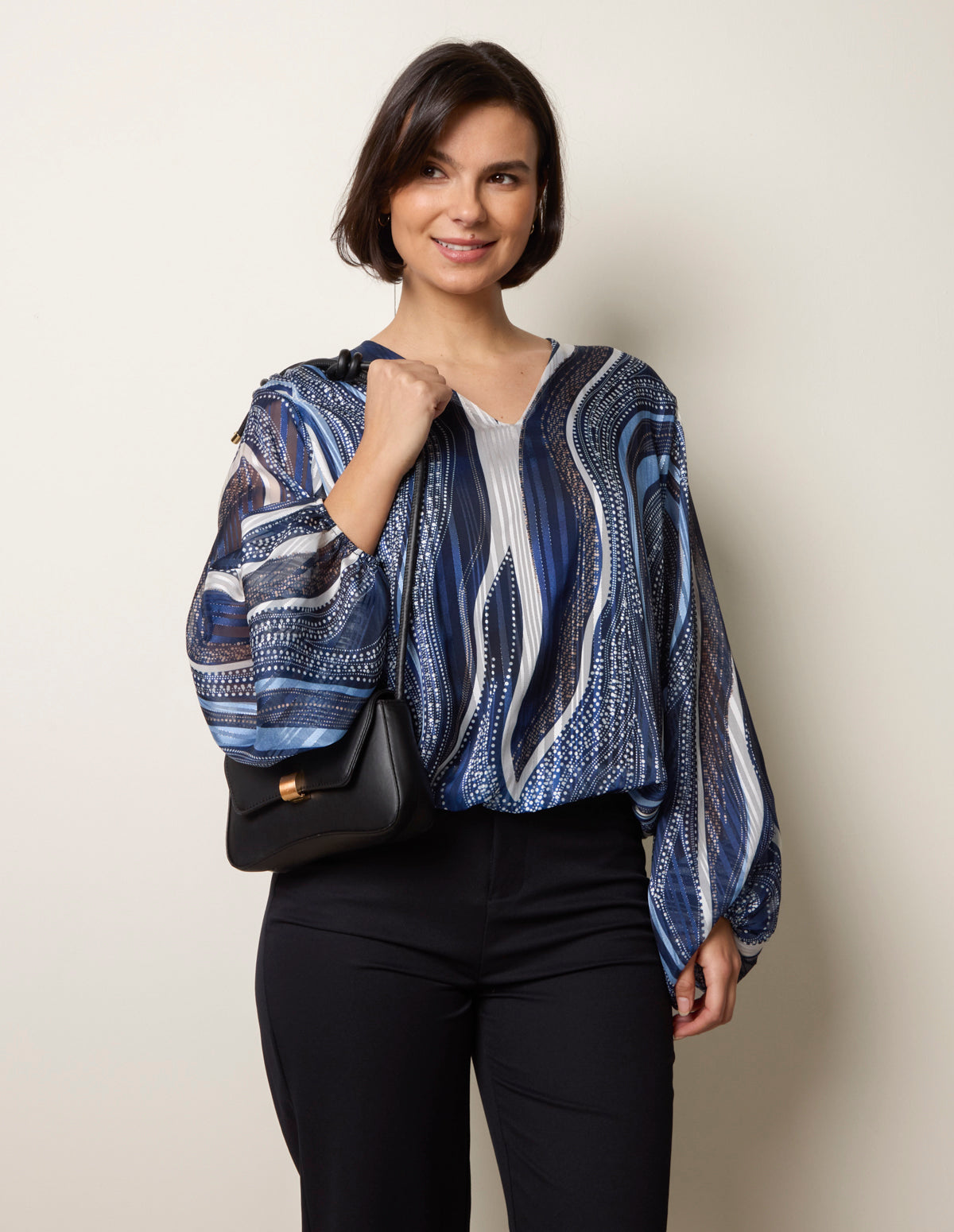 Swirl And Dot Print V Neck Metallic Blouse