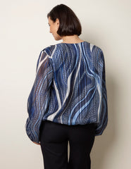Swirl And Dot Print V Neck Metallic Blouse
