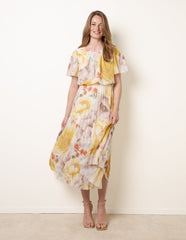 Pleated Scoop Neck Short Sleeve Floral Dress