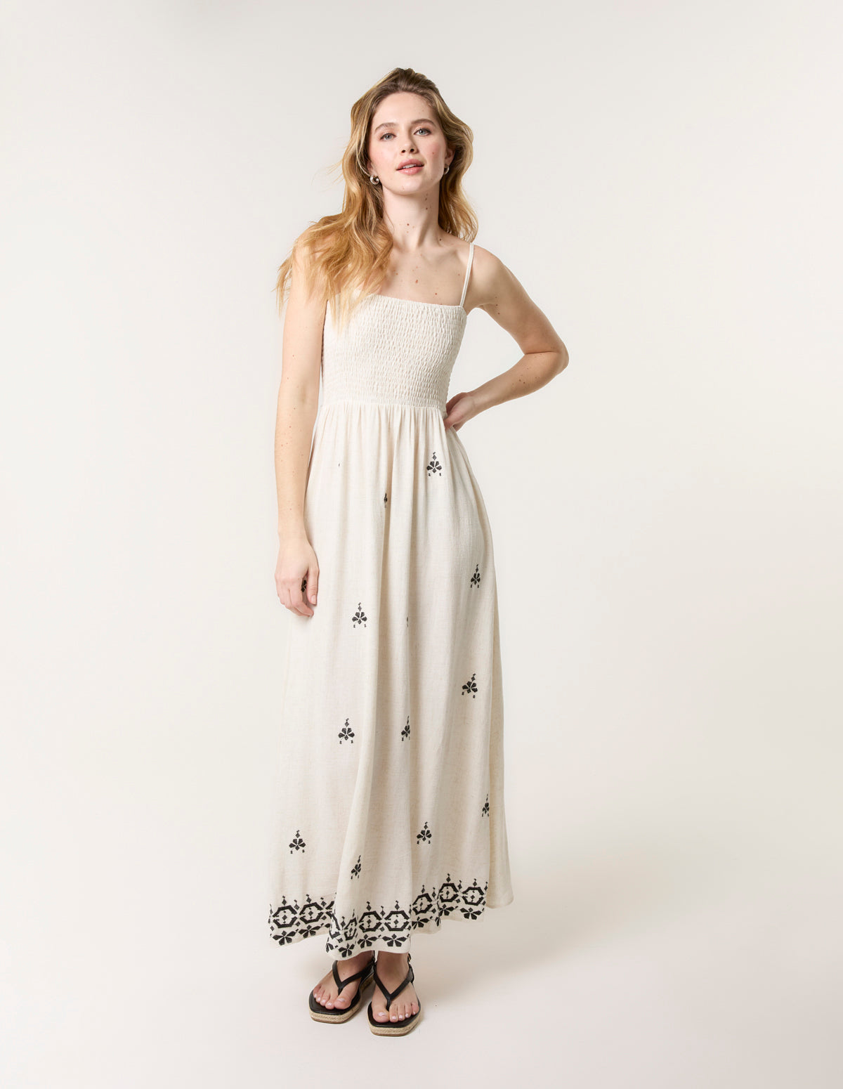 Shirred Bandeau Linen Maxi Dress