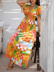 Tropical Drift Abstract Floral Maxi Dress - orange