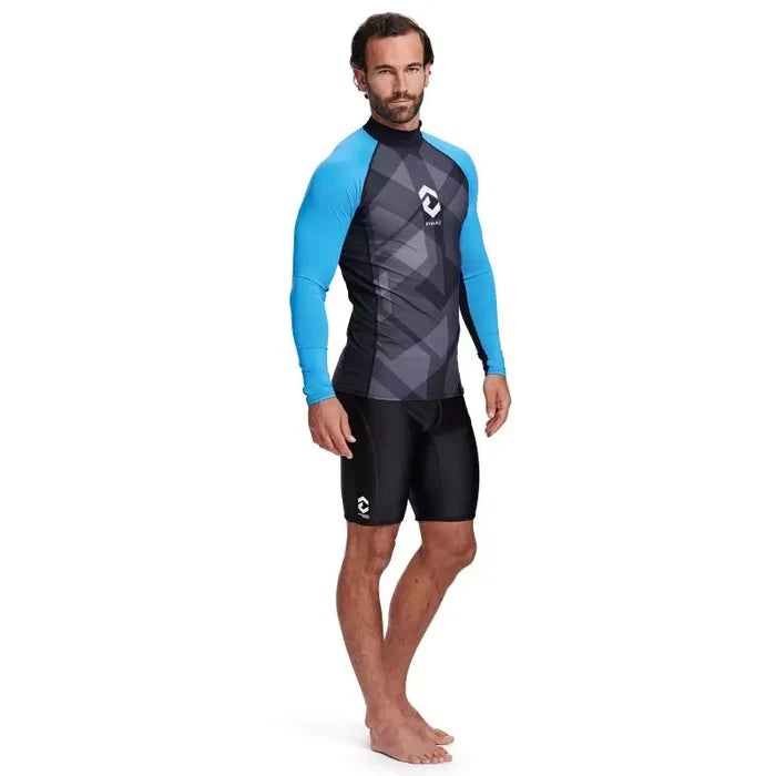Men's DYNAMICNORD Rashguard with blue sleeves and geometric design, perfect for UV protection in watersports.