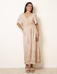 Wrap Front Metallic Embroidery Floral Dress